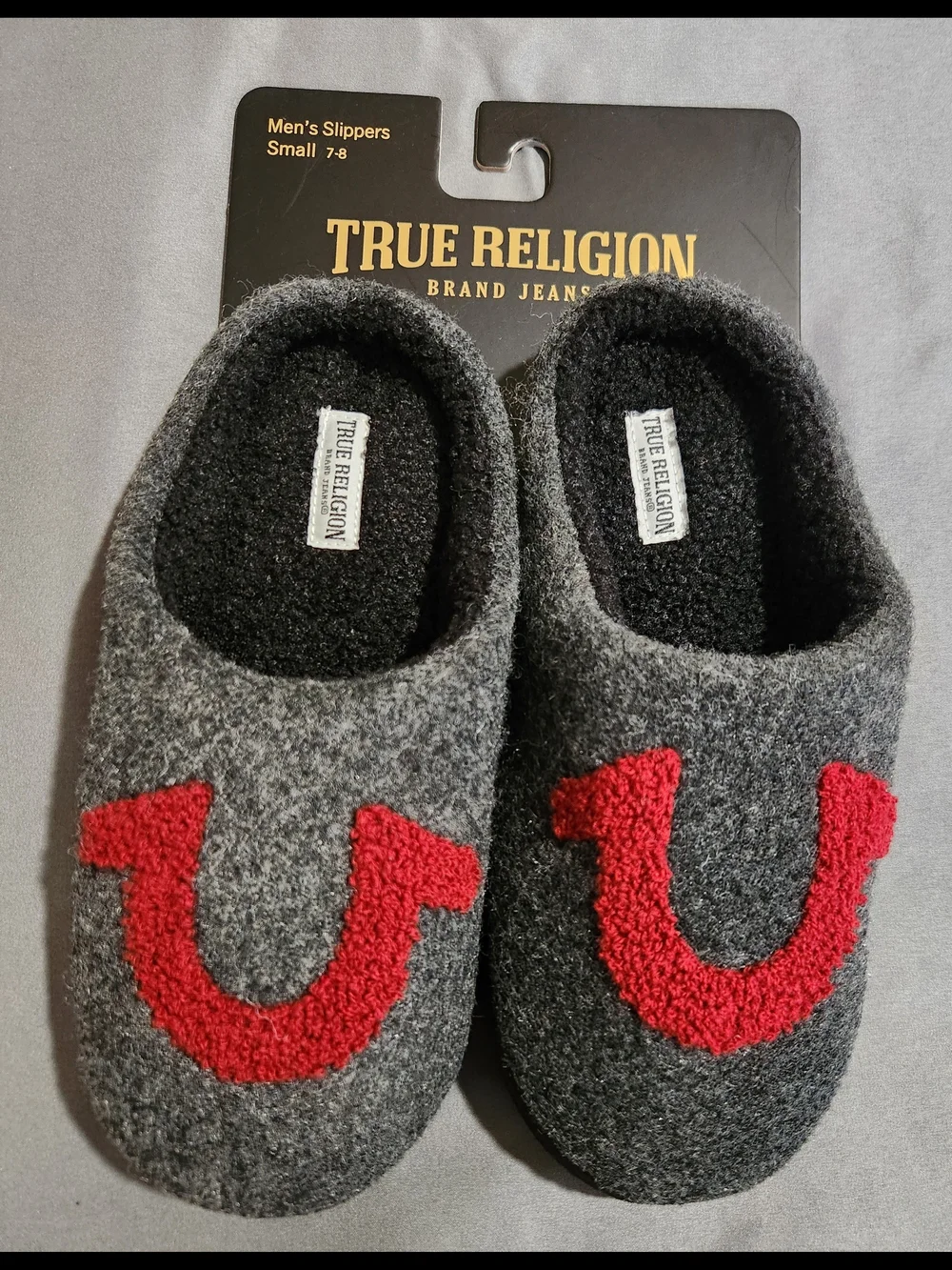 True Religion Mens Gray Slippers with Red Logo Accent